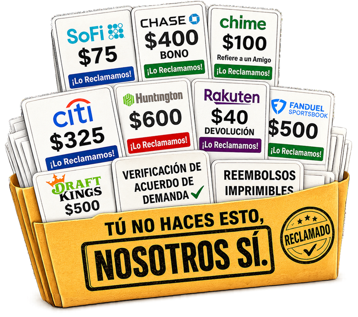 Ofertas bancarias, bonos y devoluciones que reclamamos por usted. Usted no hace esto. Nosotros sí.